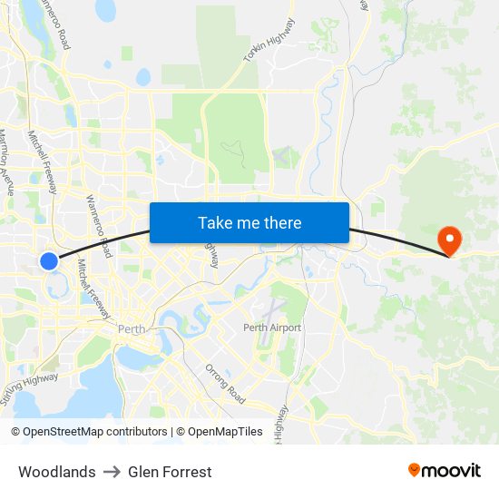 Woodlands to Glen Forrest map