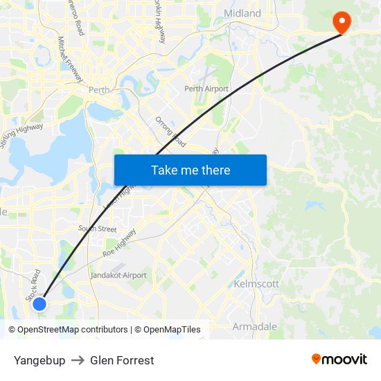 Yangebup to Glen Forrest map