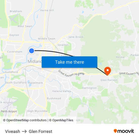 Viveash to Glen Forrest map