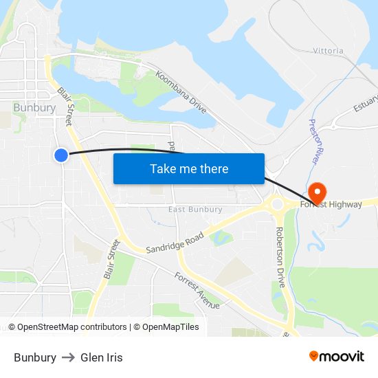 Bunbury to Glen Iris map