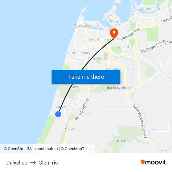 Dalyellup to Glen Iris map