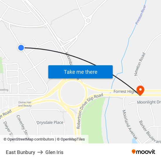 East Bunbury to Glen Iris map