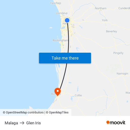 Malaga to Glen Iris map