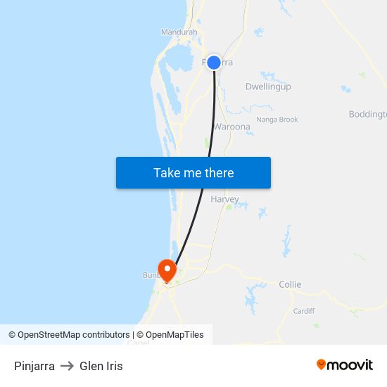 Pinjarra to Glen Iris map