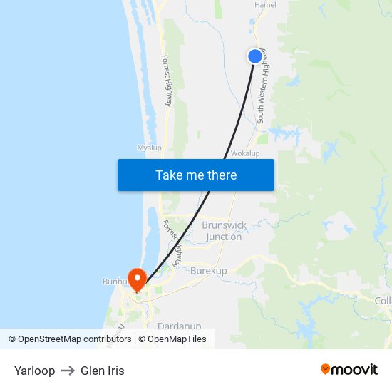 Yarloop to Glen Iris map