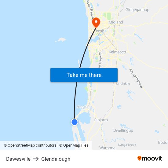 Dawesville to Glendalough map