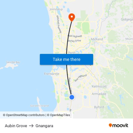 Aubin Grove to Gnangara map