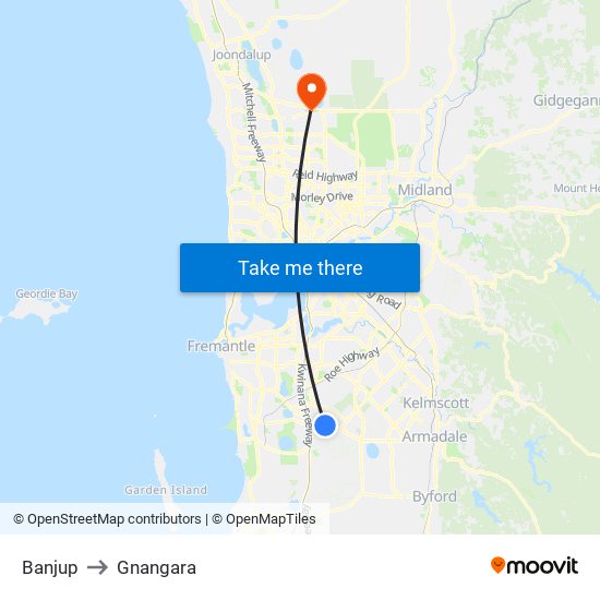 Banjup to Gnangara map