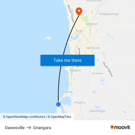 Dawesville to Gnangara map