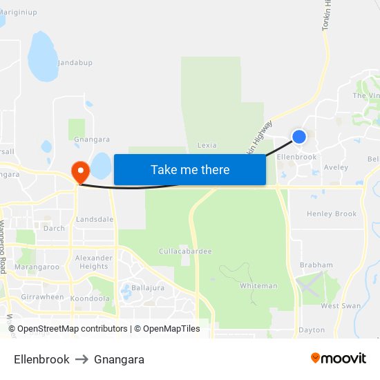 Ellenbrook to Gnangara map