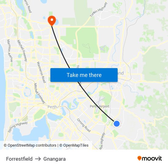 Forrestfield to Gnangara map