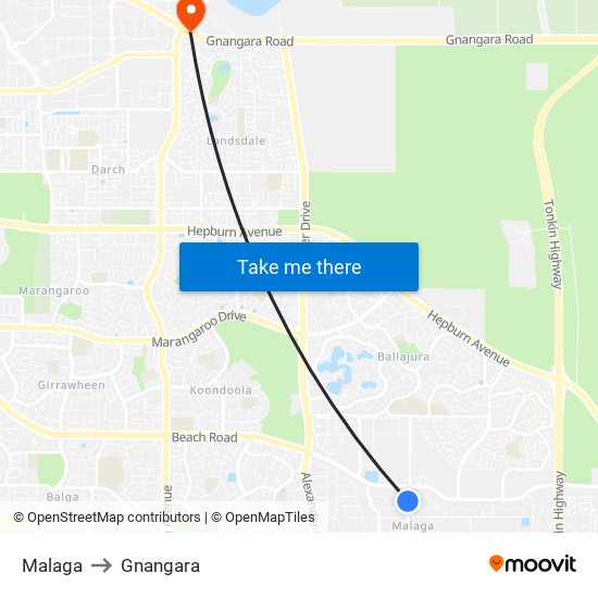 Malaga to Gnangara map