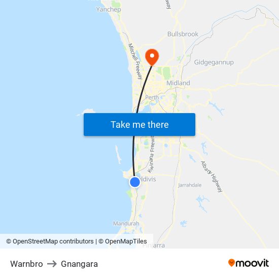 Warnbro to Gnangara map