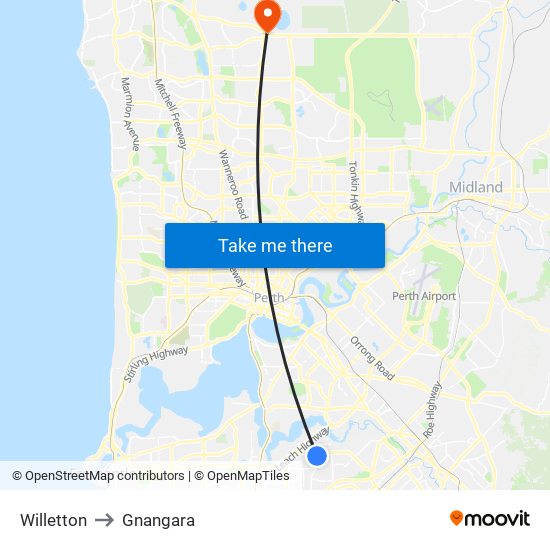 Willetton to Gnangara map