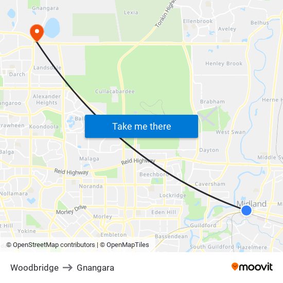 Woodbridge to Gnangara map