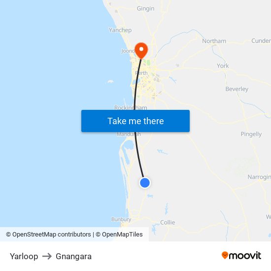 Yarloop to Gnangara map