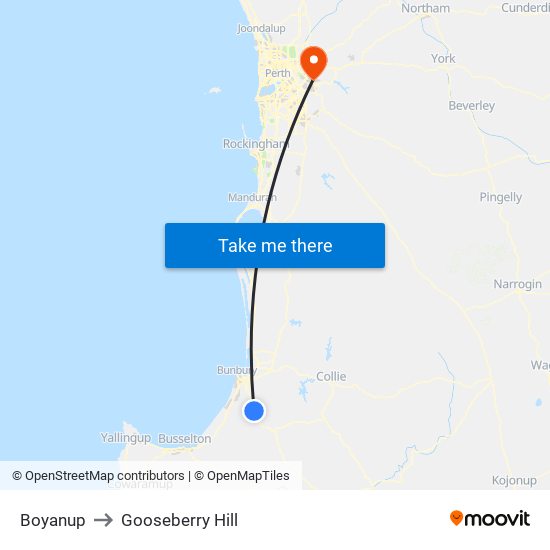 Boyanup to Gooseberry Hill map