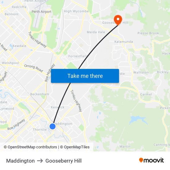 Maddington to Gooseberry Hill map