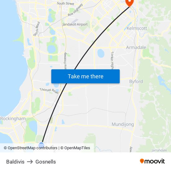 Baldivis to Gosnells map