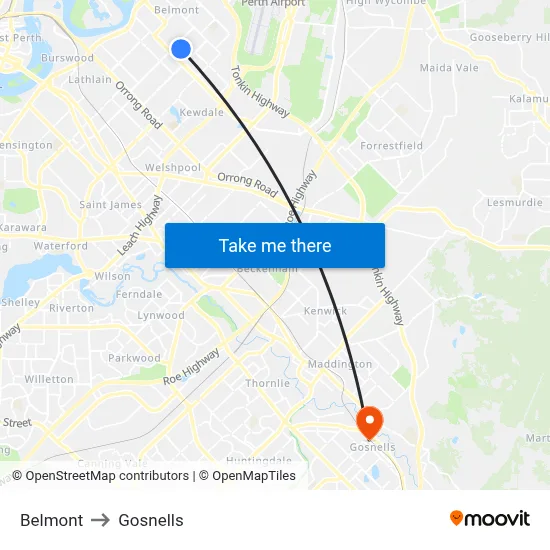 Belmont to Gosnells map