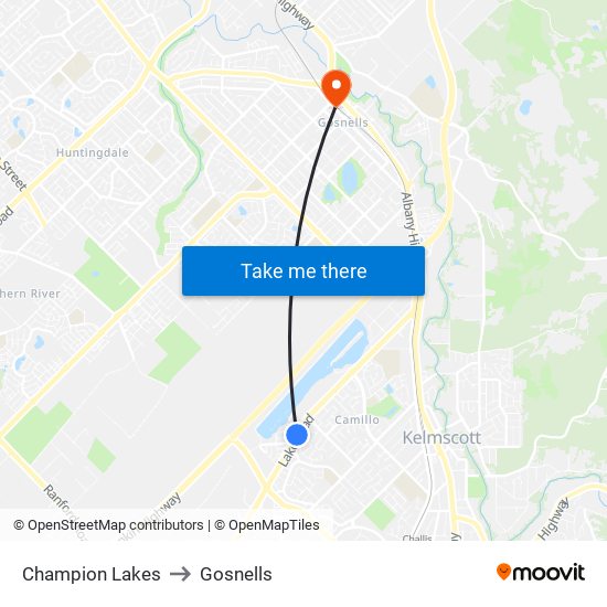 Champion Lakes to Gosnells map