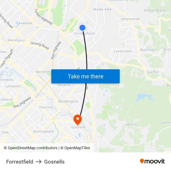 Forrestfield to Gosnells map