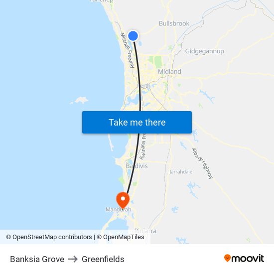 Banksia Grove to Greenfields map