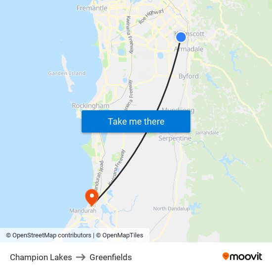 Champion Lakes to Greenfields map