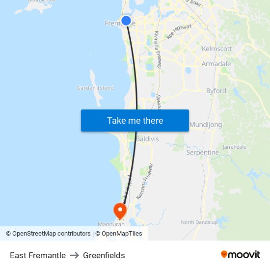 East Fremantle to Greenfields map