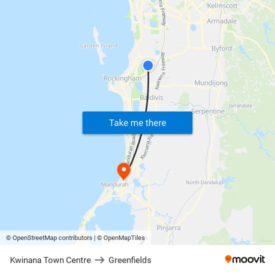 Kwinana Town Centre to Greenfields map