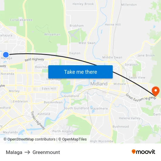 Malaga to Greenmount map