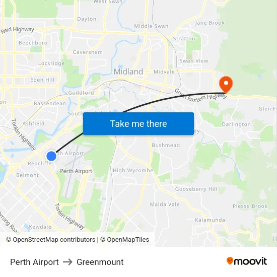 Perth Airport to Greenmount map