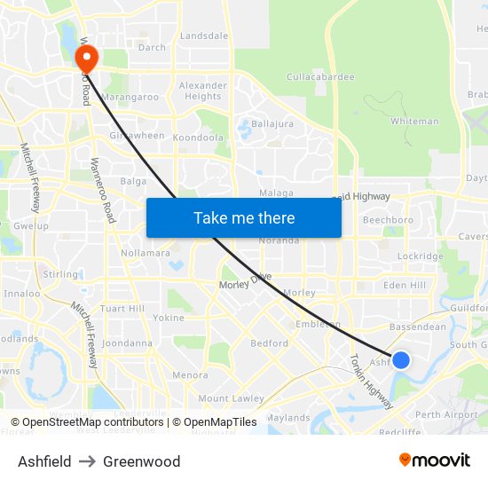 Ashfield to Greenwood map