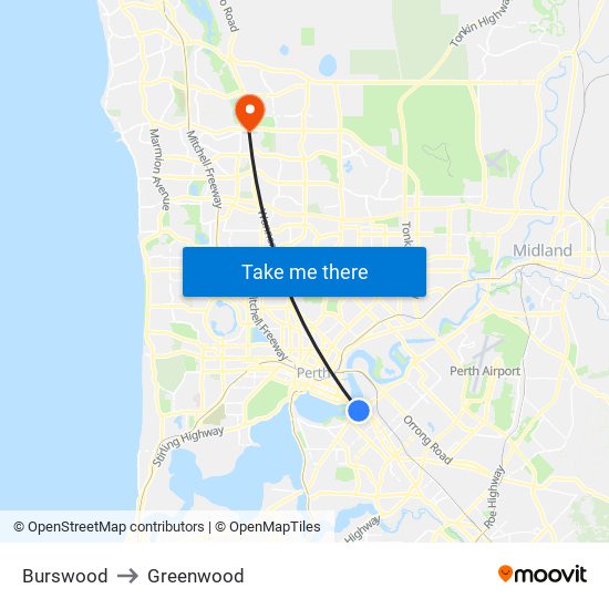 Burswood to Greenwood map