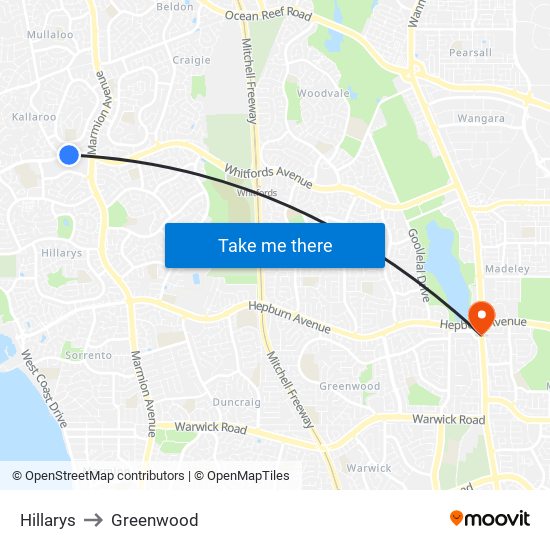 Hillarys to Greenwood map