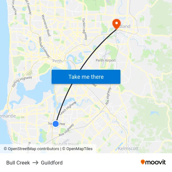 Bull Creek to Guildford map