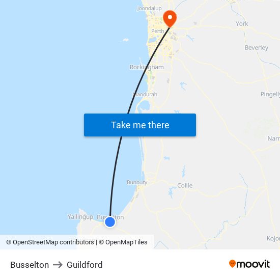 Busselton to Guildford map