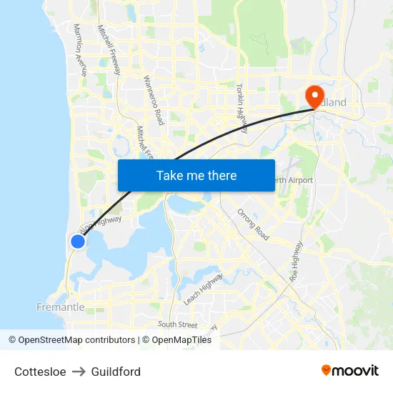 Cottesloe to Guildford map