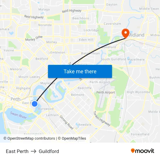 East Perth to Guildford map