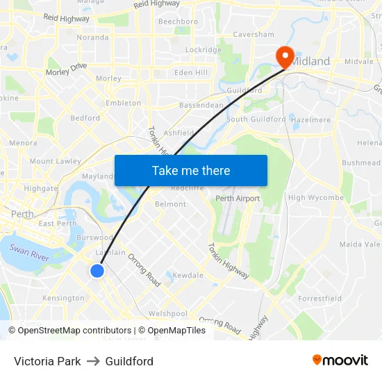Victoria Park to Guildford map