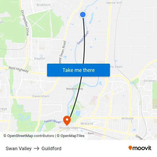 Swan Valley to Guildford map