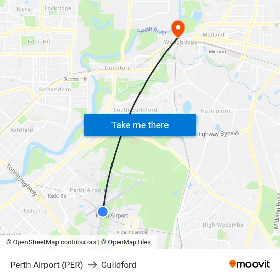 Perth Airport (PER) to Guildford map