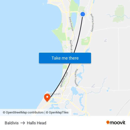 Baldivis to Halls Head map