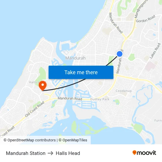 Mandurah Station to Halls Head map