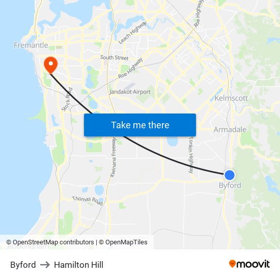 Byford to Hamilton Hill map