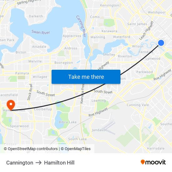 Cannington to Hamilton Hill map