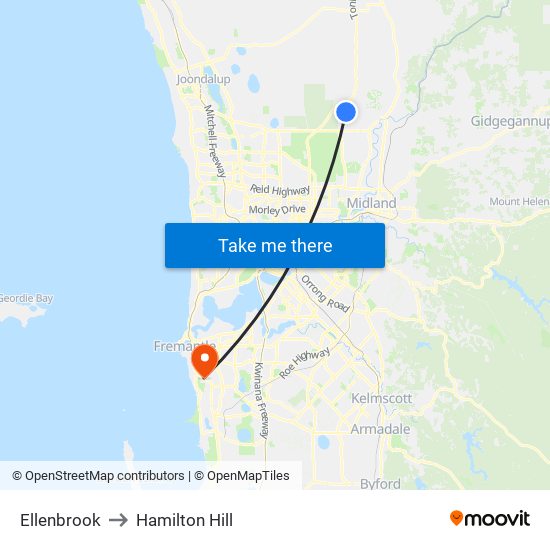 Ellenbrook to Hamilton Hill map