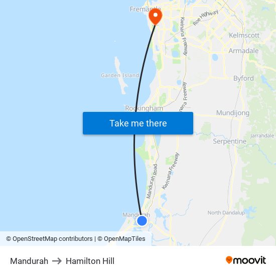 Mandurah to Hamilton Hill map