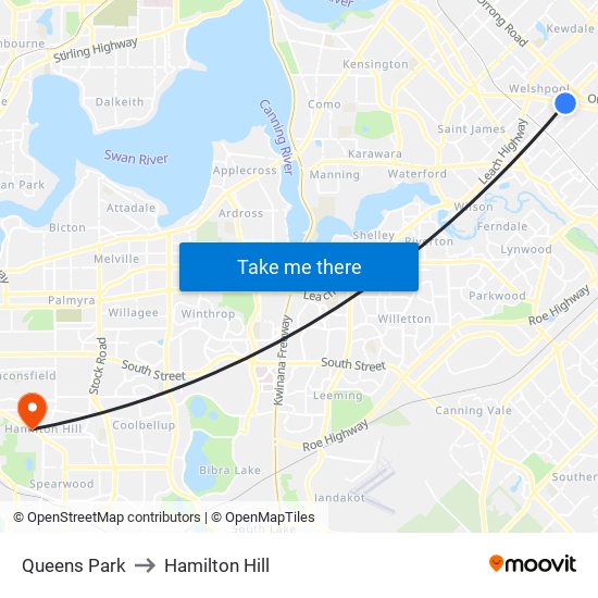 Queens Park to Hamilton Hill map