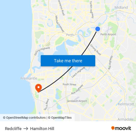 Redcliffe to Hamilton Hill map